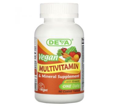 Deva, мультивітамінна та мінеральна добавка для веганів, один раз на день, 90 таблеток, укритих оболонкою