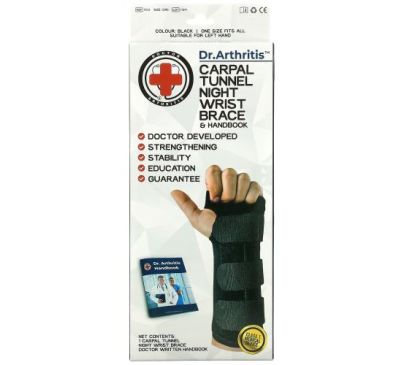 Doctor Arthritis, Carpal Tunnel Night Wrist Brace & Handbook, Left, Black, 1 Brace