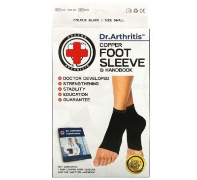 Doctor Arthritis, Copper Foot Sleeve & Handbook, Small, Black, 1 Pair