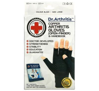 Doctor Arthritis, Copper Open-Finger Arthritis Gloves & Handbook, Large, Black, 1 Pair