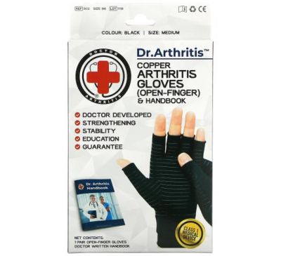 Doctor Arthritis, Медные перчатки и руководство для больных артритом, средний размер, черные, 1 пара