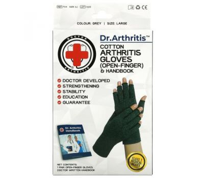 Doctor Arthritis, Хлопковые перчатки и справочник для больных артритом с открытыми пальцами, большие, серые, 1 пара