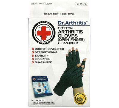 Doctor Arthritis, Cotton Open-Finger Arthritis Gloves & Handbook, Small, Grey, 1 Pair