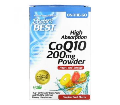 Doctor's Best, High Absorption CoQ10 Powder, Tropical Fruit, 200 mg, 30 Powder Stick Packs, 4.7 g Each