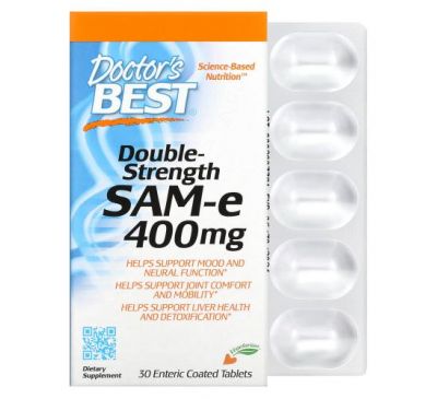 Doctor's Best, SAM-e, двойная сила, 400 мг, 30 таблеток, покрытых кишечнорастворимой оболочкой