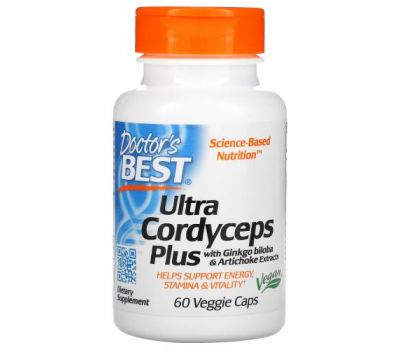 Doctor's Best, Ultra Cordyceps Plus, кордицепс з екстрактами гінкго білоба й артишоку, 60 рослинних капсул