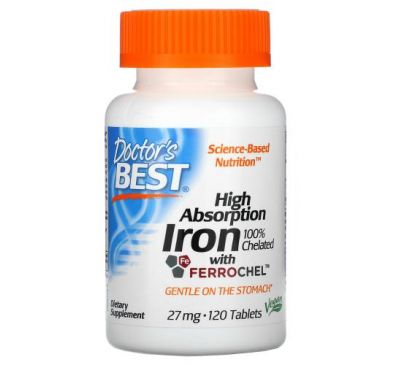 Doctor's Best, легкозасвоюване залізо з Ferrochel, 27 мг, 120 таблеток