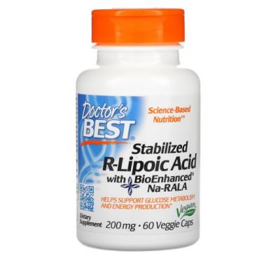 Doctor's Best, стабилизированная R-липоевая кислота с BioEnhanced Na-RALA, 200 мг, 60 вегетарианских капсул