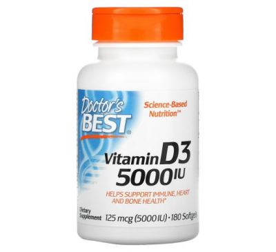 Doctor's Best, вітамін D3, 125 мкг (5000 МО), 180 капсул
