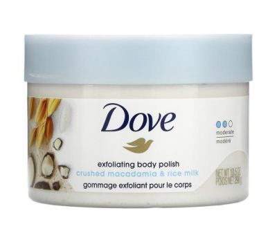 Dove, відлущувальний скраб для тіла, подрібнена макадамія та рисове молоко, 298 г (10,5 унції)