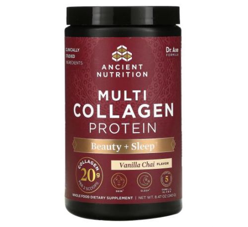 Dr. Axe / Ancient Nutrition, Multi Collagen, протеїн для краси та спокійного сну з колагеном, ваніль і масала, 240 г (8,47 унції)