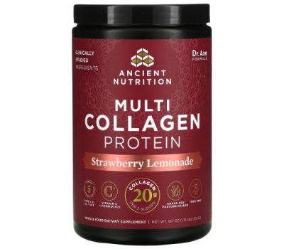 Dr. Axe / Ancient Nutrition, Multi Collagen Protein, Strawberry Lemonade, 1.13 lbs (513 g)