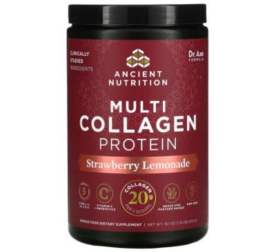 Dr. Axe / Ancient Nutrition, Multi Collagen Protein, Strawberry Lemonade, 1.18 lbs (535.5 g)