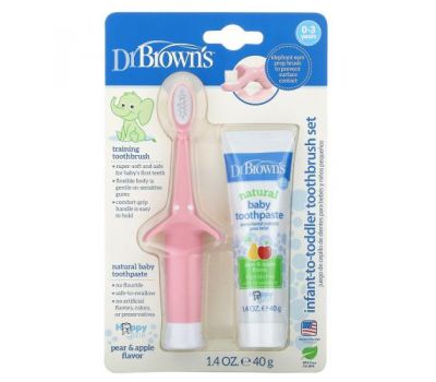 Dr. Brown's, Набор зубных щеток для малышей, для детей от 0 до 3 лет, со вкусом груши и яблока, розовый, 40 г (1,4 унции)