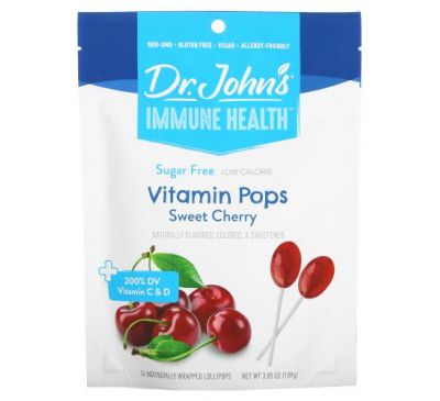 Dr. John's Healthy Sweets, Immune Health, леденцы со вкусом леденцов, + 200% суточной нормы витаминов C и D, черешня, без сахара, 14 леденцов на палочке в индивидуальной упаковке, 109 г (3,85 унции)