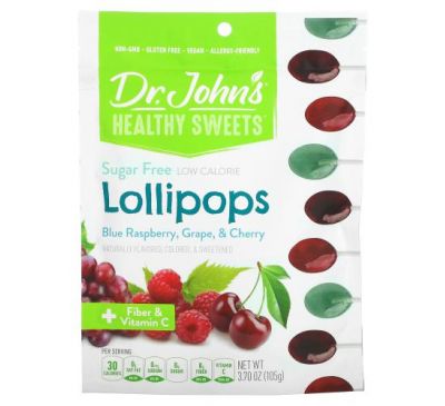 Dr. John's Healthy Sweets, Lollipops, + Fiber & Vitamin C, Blue Raspberry, Grape & Cherry, Sugar Free, 3.7 oz (105 g)