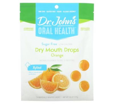 Dr. John's Healthy Sweets, Oral Health, Dry Mouth Drops, + Xylitol, Orange, Sugar Free, 24 Individually Wrapped Candies. 3.85 oz (109 g)