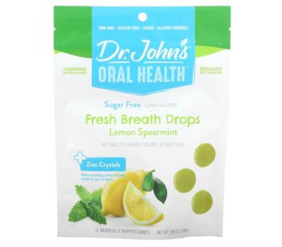 Dr. John's Healthy Sweets, Oral Health, Fresh Breath Drops, + Zinc Crystals, Lemon Spearmint, Sugar Free, 24 Individually Wrapped Candies, 3.85 oz (109 g)