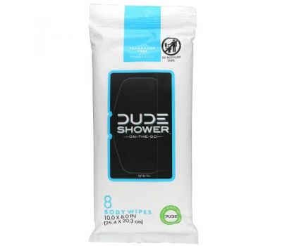 Dude Products, Shower Wipes, On-The-Go, Fragrance Free,  8 Body Wipes