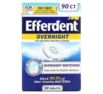 Efferdent, Anti-Bacterial Denture Cleanser, Overnight Whitening, 90 Tablets