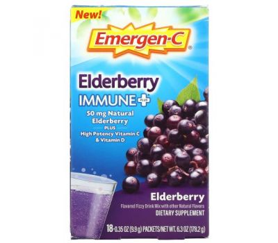 Emergen-C, Immune+, Elderberry, 50 mg, 18 Packets, 0.35 oz (9.9 g) Each