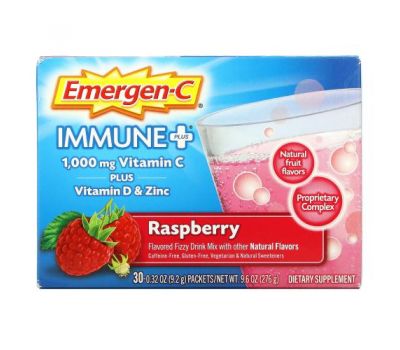 Emergen-C, Immune+, Raspberry, 1,000 mg, 30 packets, 0.32 oz (9.2 g) Each