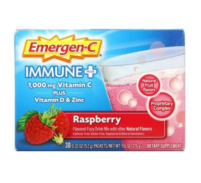 Emergen-C, Immune +, малина, 1000 мг, 30 пакетиков по 9,2 г (0,32 унции)