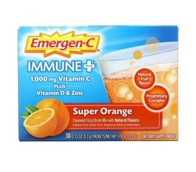 Emergen-C, Immune+, Vitamin C Plus Vitamin D & Zinc, Super Orange, 30 Packets, 0.33 oz (9.3 g) Each