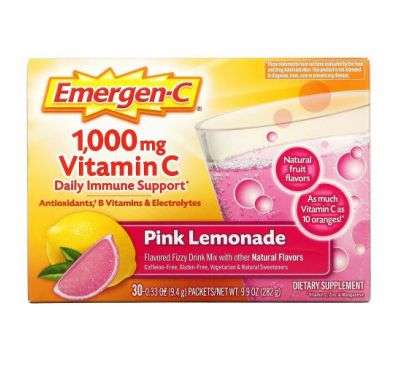 Emergen-C, Витамин C, смесь ароматизированных газированных напитков, розовый лимонад, 1000 мг, 30 пакетиков по 9,4 г (0,33 унции)