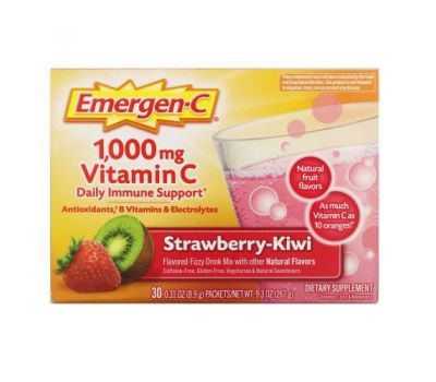 Emergen-C,  Vitamin C, Flavored Fizzy Drink Mix, Strawberry-Kiwi, 1,000 mg, 30 Packets, 0.31 oz (8.9 g) Each