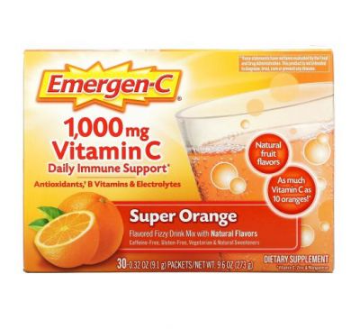 Emergen-C, Витамин C, смесь ароматизированных газированных напитков, супер-апельсин, 1000 мг, 30 пакетиков по 9,1 г (0,32 унции)