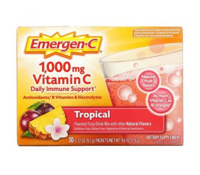 Emergen-C, Vitamin C, Flavored Fizzy Drink Mix, Tropical, 1,000 mg, 30 Packets, 0.32 oz (9.2 g) Each