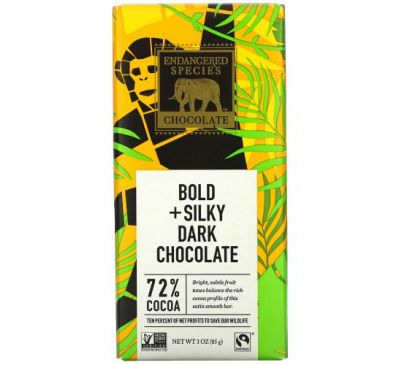 Endangered Species Chocolate, Bold + Silky Dark Chocolate, 72% Cocoa, 3 oz (85 g)