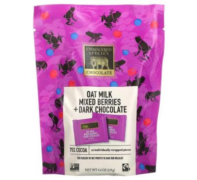 Endangered Species Chocolate, Oat Milk Mixed Berries + Dark Chocolate, 75% Cocoa, 12 Individually Wrapped Pieces