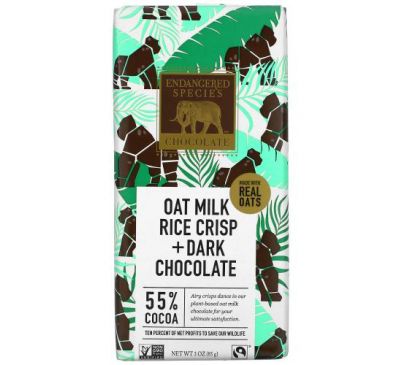 Endangered Species Chocolate, Овсяное молоко, рисовые чипсы + темный шоколад, 55% какао, 3 унции (85 г)