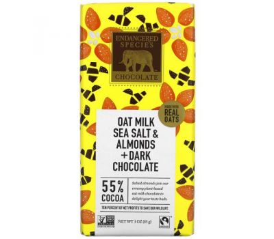 Endangered Species Chocolate, Oat Milk Sea Salt & Almonds + Dark Chocolate, 55% Cocoa,  3 oz (85 g)