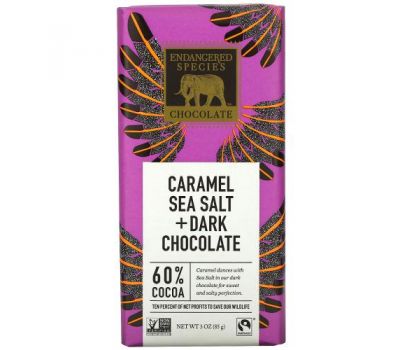 Endangered Species Chocolate, чорний шоколад з карамеллю й морською сіллю, 60 % шоколаду, 85 г (3 унції)