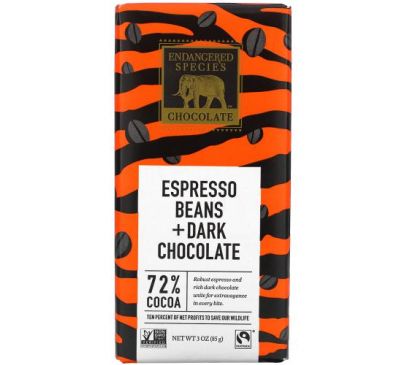 Endangered Species Chocolate, чорний шоколад з кавою, 72 % какао, 85 г (3 унції)