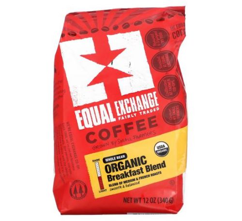 Equal Exchange, Organic Coffee, Breakfast Blend, Whole Bean, Medium & French Roasts, 12 oz (340 g)
