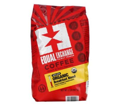 Equal Exchange, Organic Coffee, Breakfast Blend, Whole Bean, Medium & French Roasts, 2 lb (907 g)