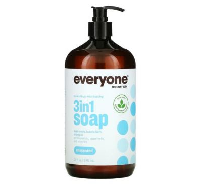 Everyone, 3 In 1 Soap, Body Wash, Bubble Bath, Shampoo, Unscented, 32 fl oz (946 ml)