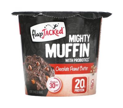FlapJacked, Mighty Muffin с пробиотиками, со вкусом шоколадного арахисового масла (55 г)