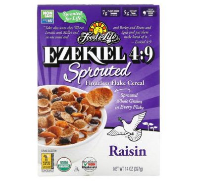 Food For Life, Ezekiel 4:9, Sprouted Flourless Flake Cereal, Raisin, 14 oz (397 g)