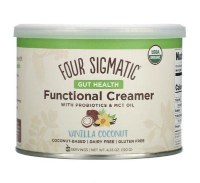 Four Sigmatic, Функциональные сливки с пробиотиками и маслом MCT, для здоровья кишечника, ваниль и кокос, 120 г (4,23 унции)