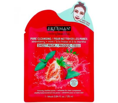 Freeman Beauty, Feeling Beautiful, Pore Cleansing Beauty Sheet Mask, Strawberry + Mint, 1 Mask, 0.84 fl oz (25 ml)