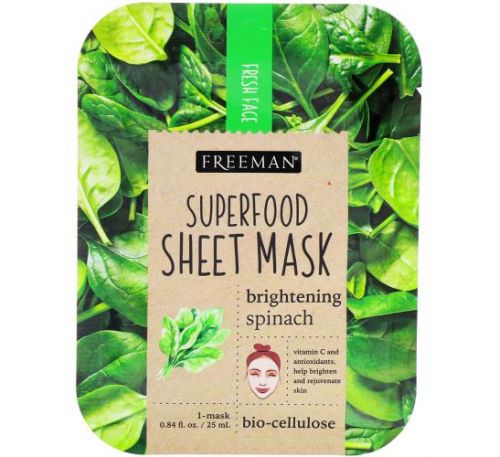 Freeman Beauty, Superfood Beauty Sheet Mask, Brightening Spinach, 1 Mask, 0.84 fl oz (25 ml)