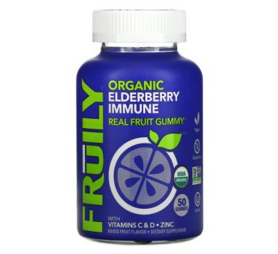 Fruily, Organic Elderberry Immune with Vitamins C & D, Zinc, Mixed Fruit, 50 Gummies