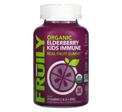 Fruily, Organic Elderberry Kids Immune, With Vitamins C & D, Zinc, Mixed Fruit, 50 Gummies