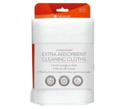 Full Circle, Clean Again, Extra Absorbing Cleaning Cloths, 2 Pack, 12" x 12" Each