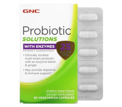 GNC, Probiotic Solutions with Enzymes, 25 Billion CFUs, 30 Vegetarian Capsules